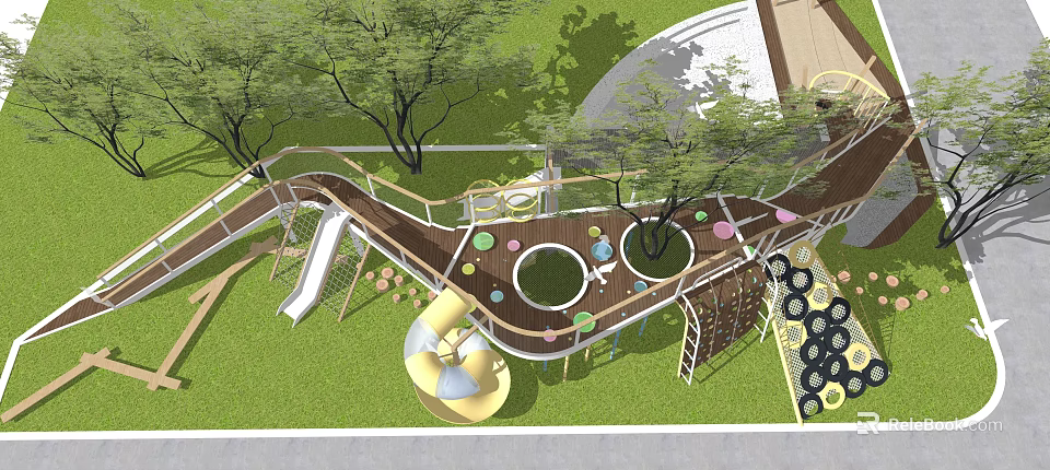 Playground Equipment with Slide Circular Platforms Trees and Colorful Climbing Structures on Grass 3d model 