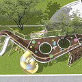 Playground Equipment with Slide Circular Platforms Trees and Colorful Climbing Structures on Grass