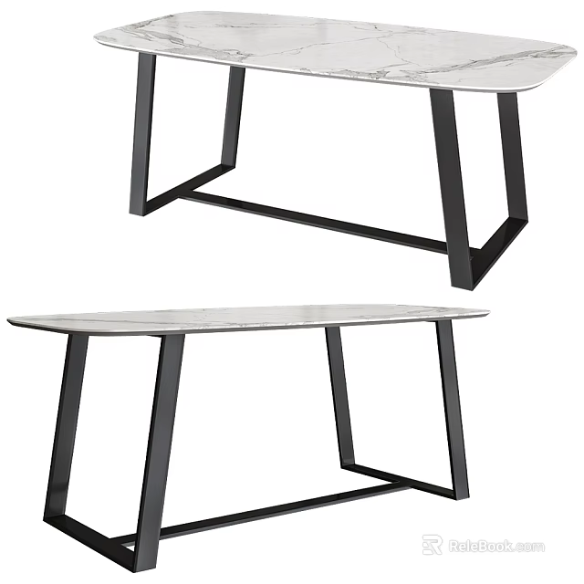 Modern Rectangular Dining Table With Marble Top And Black Metal Legs 3d model 