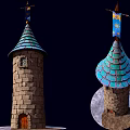 Stone Tower With Blue Pointed Roof Tiles Decorative Top And Base Door Structure