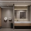 Modern Sleek Men's Public Restroom With Gray Tiles Wooden Partitions Urinals And Ceiling Lights