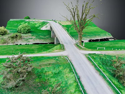 Winding Country Road And Small Bridge Through Lush Green Meadow With Trees 3d model
