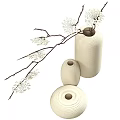 Three Cream Vases With Vertical Striped Texture And White Flower Branches 3d model