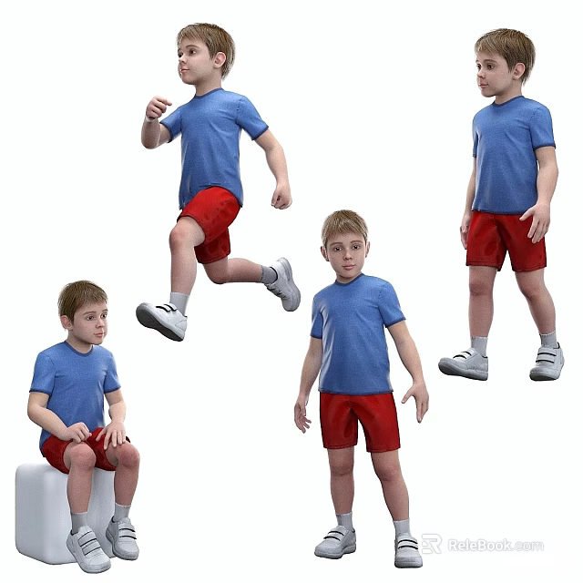 Kids In Blue Shirts And Red Shorts Showing Different Action Poses 3d model 