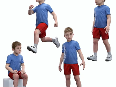 Kids In Blue Shirts And Red Shorts Showing Different Action Poses 3d model