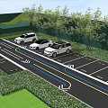 Parking Lot With Three White Cars In Spaces Surrounded By Trees And Driveway Arrows