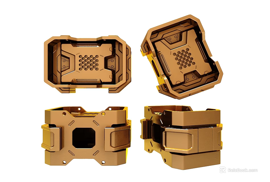 Golden Metal Mechanical Case With Geometric Design And Multiple Angles View 3d model 