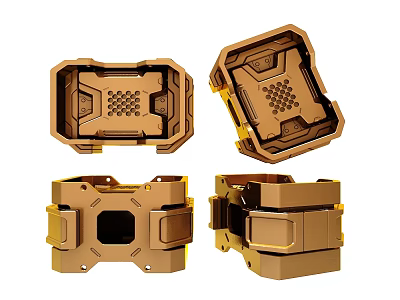 Golden Metal Mechanical Case With Geometric Design And Multiple Angles View 3d model