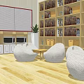 Modern Tea Room Interior With Wooden Floor Round Tables Stools Bookshelves And Potted Plant