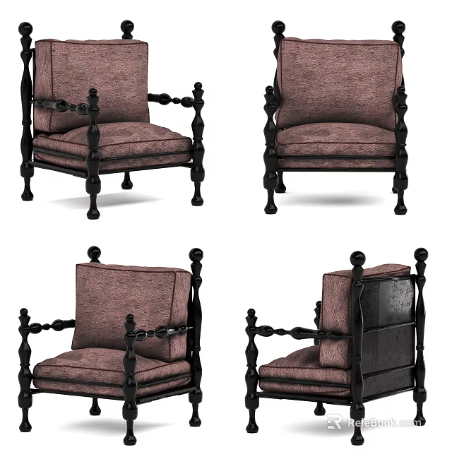 Vintage Armchair with Black Wooden Frame Carved Armrests and Brown Upholstery Multiple Angles View 3d model 