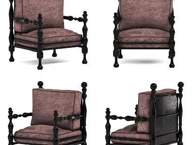 Vintage Armchair with Black Wooden Frame Carved Armrests and Brown Upholstery Multiple Angles View 3d model