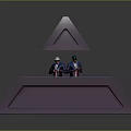 3D Cartoon Scene With Two Characters On Purple Platform Yellow Area And Floating Pyramid