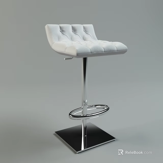Modern Bar Stool With White Tufted Upholstered Seat And Silver Metal Base Footrest 3d model 