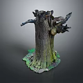 Natural Wood And Stone Tree Stump With Rough Bark Texture And Green Moss