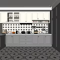 Modern Kitchen Interior With Gray Cabinets Geometric Tile Backsplash And Patterned Floor 3d model