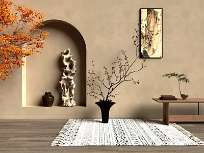 Zen Interior Decorative Ornament Arrangement Featuring Arched Niche Sculpture Clay Pot Hanging Painting Black Vase 3d model