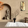 Zen Interior Decorative Ornament Arrangement Featuring Arched Niche Sculpture Clay Pot Hanging Painting Black Vase