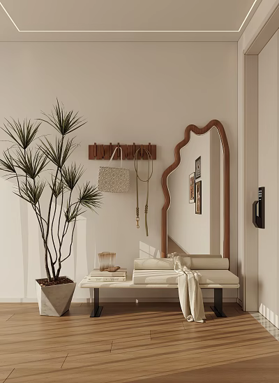 Modern Entryway Interior Design With Arched Mirror Wooden Hanging Hooks Console Table And Plant 3d model