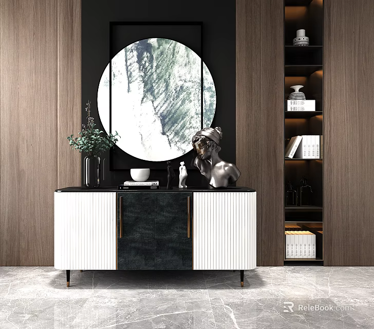 Modern Entryway Cabinet And Side Cabinet With Circular Decorative Painting Green Plant And Storage Shelves 3d model 