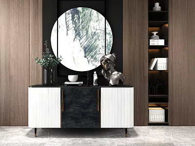 Modern Entryway Cabinet And Side Cabinet With Circular Decorative Painting Green Plant And Storage Shelves 3d model