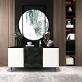 Modern Entryway Cabinet And Side Cabinet With Circular Decorative Painting Green Plant And Storage Shelves