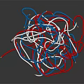 Messy Tangled Red Blue White Electrical Wires Pile on Dark Surface