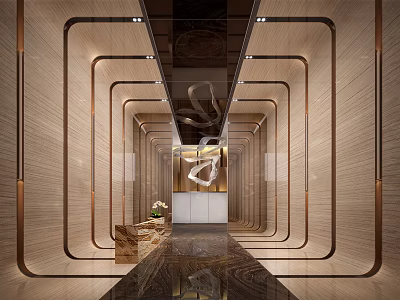 Elegant Modern Hotel Lobby With Wooden Walls Copper Trim Mirrored Floors And Artistic Pendant Light 3d model