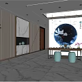 Modern Elegant Teahouse Interior Design With Round Lotus Painting Tea Set Lighting And Marble Floor