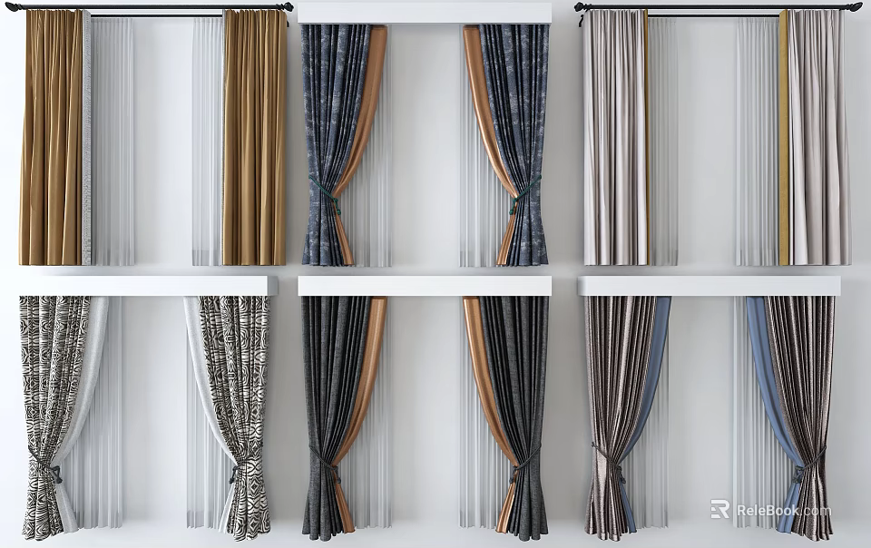 Assorted Window Curtains Featuring Various Colors Patterns And Fabric Styles 3d model