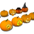 Carved Halloween Vegetable Pumpkins With Various Spooky Faces And Decorative Witch Hat 3d model
