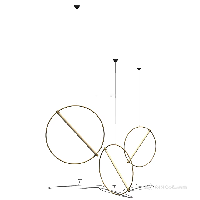 Three Modern Minimalist Circular Pendant Lights With Gold Metal Frame Design 3d model 