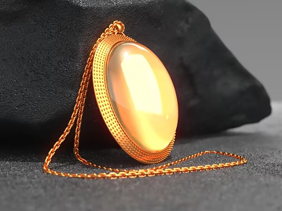 Decorative Jewelry Ornament Set With Gold Oval Shiny Pendant On Black Stone Background 3d model