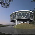 Modern Road Facilities With Circular Glass Structure Cobblestone Path And Green Landscape