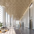 Modern Lobby Reception Area Interior With Geometric Ceiling Large Windows And White Pillars