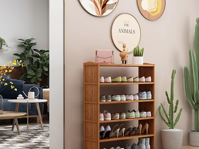 Wooden Shoe Cabinet With Multiple Shelves Various Shoes Green Plants And Decorative Wall Art 3d model