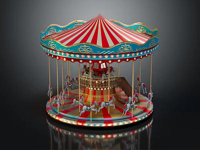 Illuminated Carousel Amusement Ride With Red White Striped Canopy Blue Gold Decorations And Pony Seats 3d model