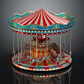 Illuminated Carousel Amusement Ride With Red White Striped Canopy Blue Gold Decorations And Pony Seats