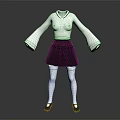 Women's Outfit With White Collared Bell Sleeve Top Black Skirt White Tights And Black Shoes