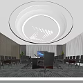 Modern Conference Room Interior With Circular Ceiling Large Screen Tables Chairs And Curtains