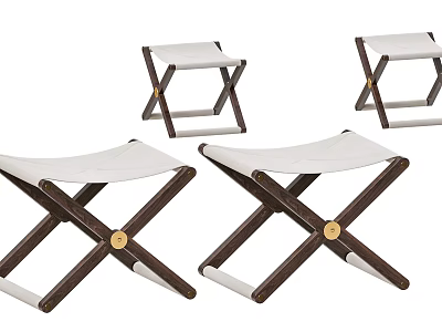 Modern Cross Leg Wooden Stools With White Leather Seats And Brass Accents 3d model
