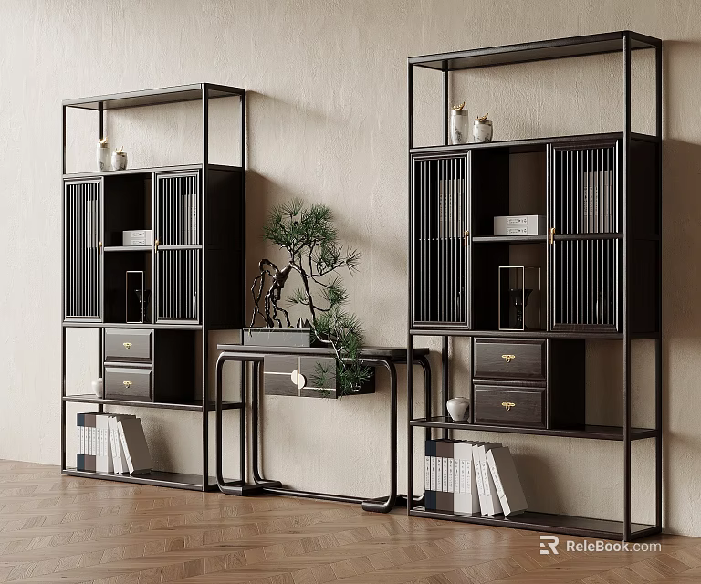 Modern Black Display Shelves With Drawers Open Compartments Decorative Items Potted Plant On Wooden Floor 3d model 