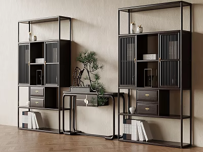 Modern Black Display Shelves With Drawers Open Compartments Decorative Items Potted Plant On Wooden Floor 3d model