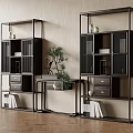 Modern Black Display Shelves With Drawers Open Compartments Decorative Items Potted Plant On Wooden Floor