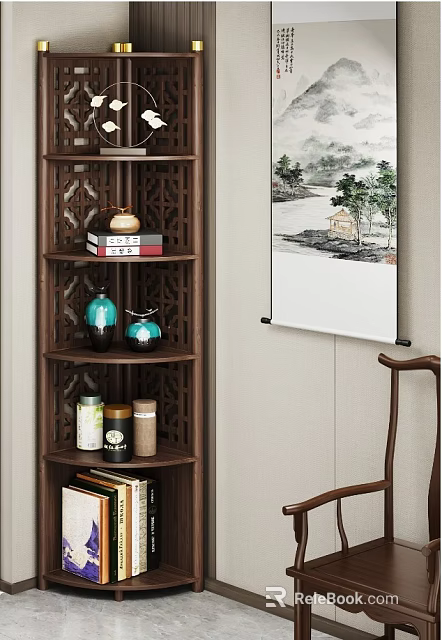 Traditional Chinese Wooden Shelving Cabinet With Openwork Design Vases Books And Jars 3d model 