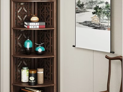 Traditional Chinese Wooden Shelving Cabinet With Openwork Design Vases Books And Jars 3d model