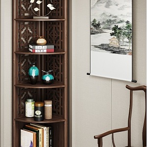 Corner Cabinet Storage Rack New Chinese Corner Cabinet Bedroom Living Room Corner Locker Triangle Cabinet Study Room Placement Rack Jewelry Books New Chinese Ornaments Landscape Painting Curtain Marble Exterior 3d model