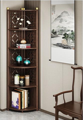 Corner Cabinet Storage Rack New Chinese Corner Cabinet Bedroom Living Room Corner Locker Triangle Cabinet Study Room Placement Rack Jewelry Books New Chinese Ornaments Landscape Painting Curtain Marble Exterior 3d model