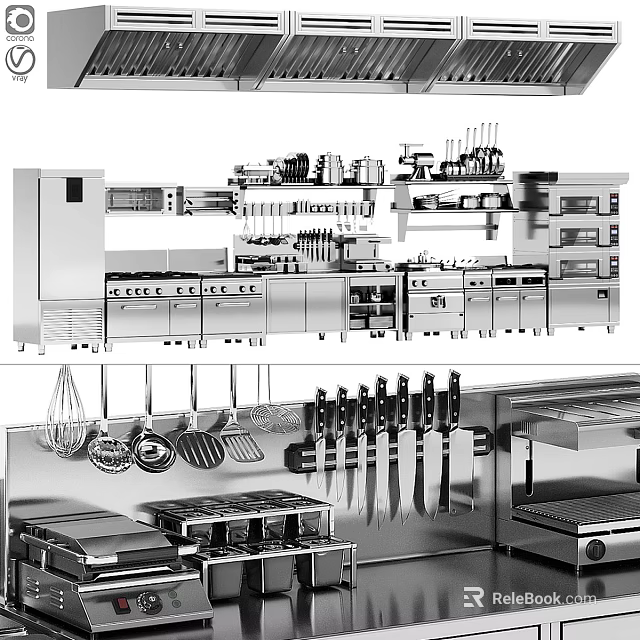 Professional Kitchen With Stainless Steel Cabinets Hanging Utensils And Cooking Knives 3d model 