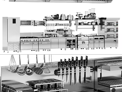 Professional Kitchen With Stainless Steel Cabinets Hanging Utensils And Cooking Knives 3d model