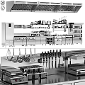 Professional Kitchen With Stainless Steel Cabinets Hanging Utensils And Cooking Knives